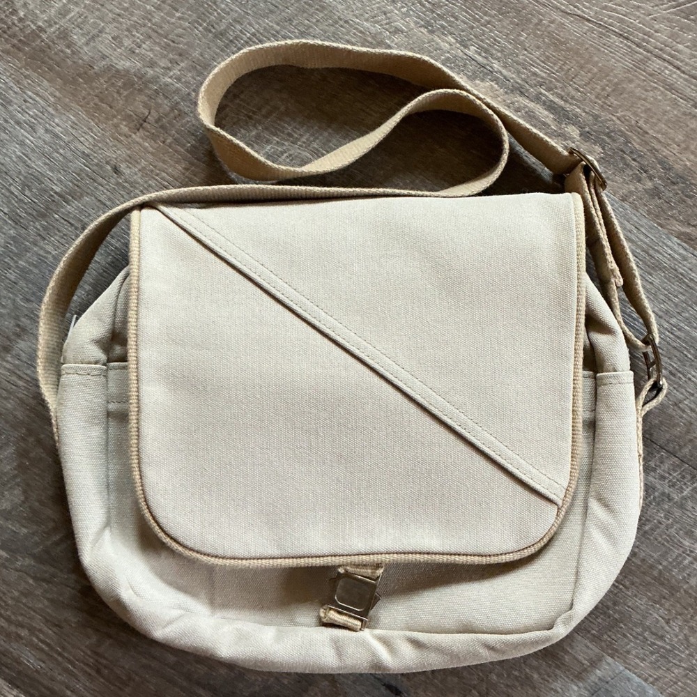 Vintage Lands End Tan Canvas Messenger Crossbody Bag Khaki Flap Buckle Pocket